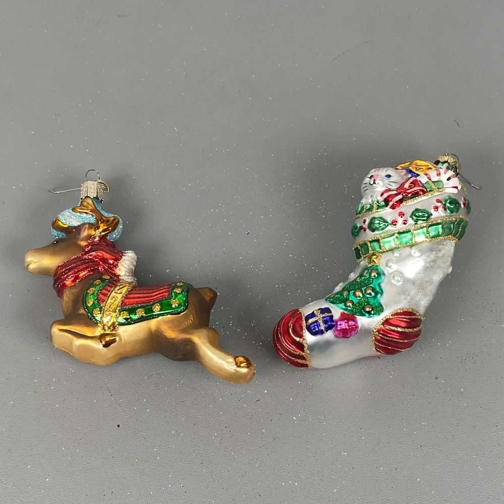 Old World Christmas Glass Holiday Ornaments Flying Reindeer & Cat In Stocking